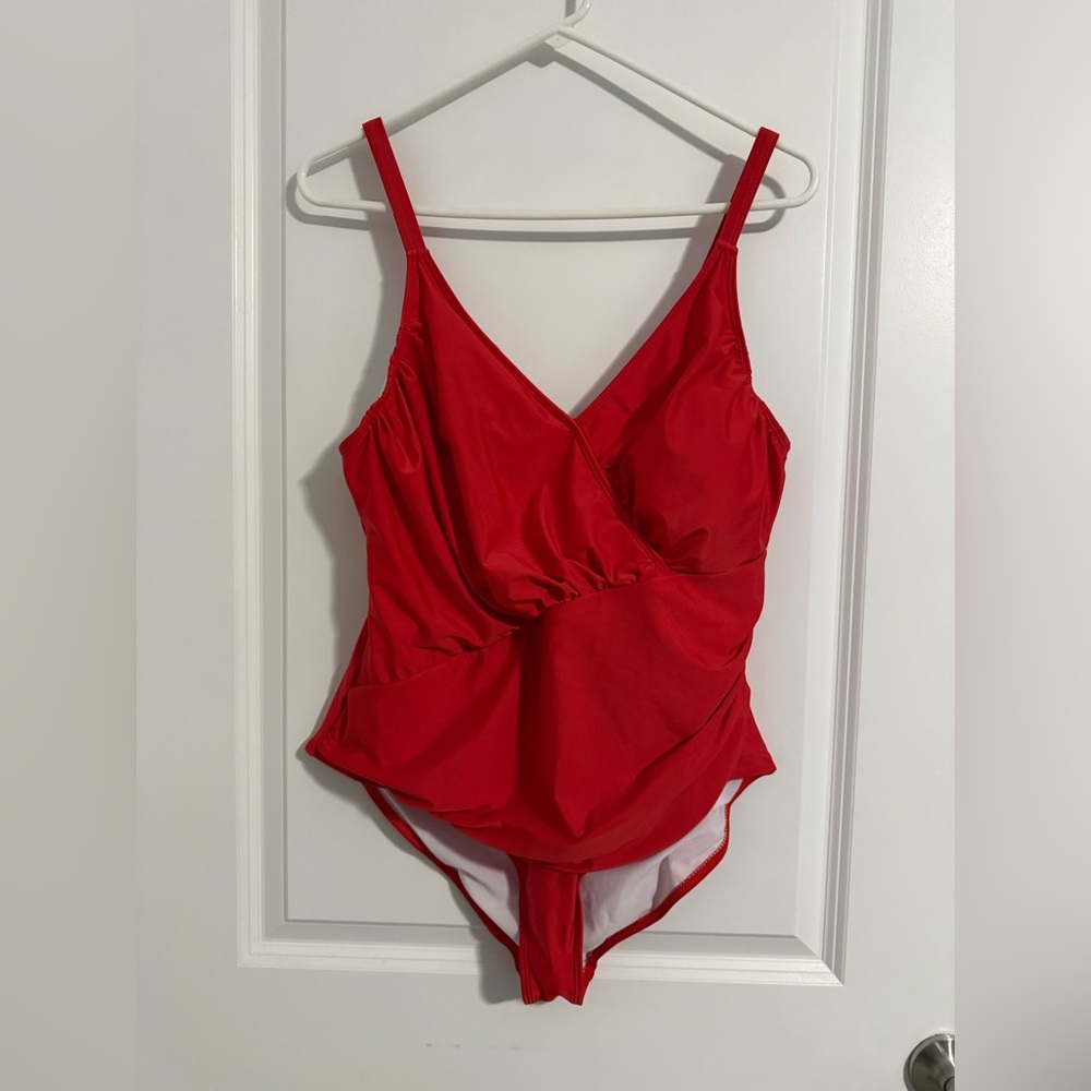 Vibrant Red One-Piece Swimsuit with Plunging V-Neck - NEVER WORN